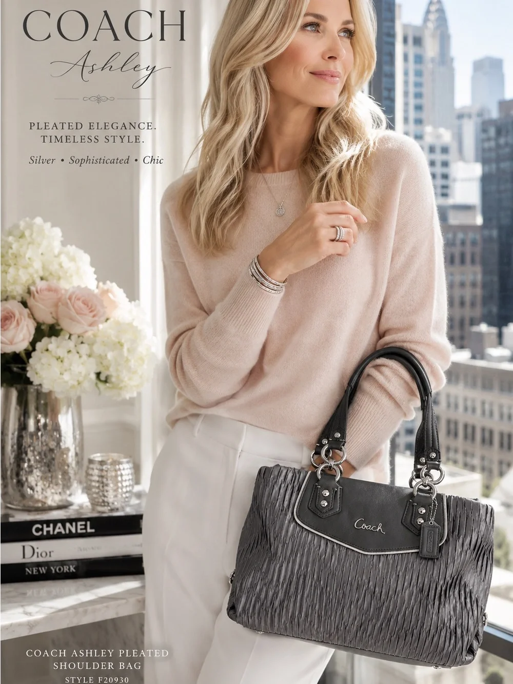 Coach 2012 Ashley F20050 Pleated Patent Trim Tote Bag in Silver Mauve-Pink